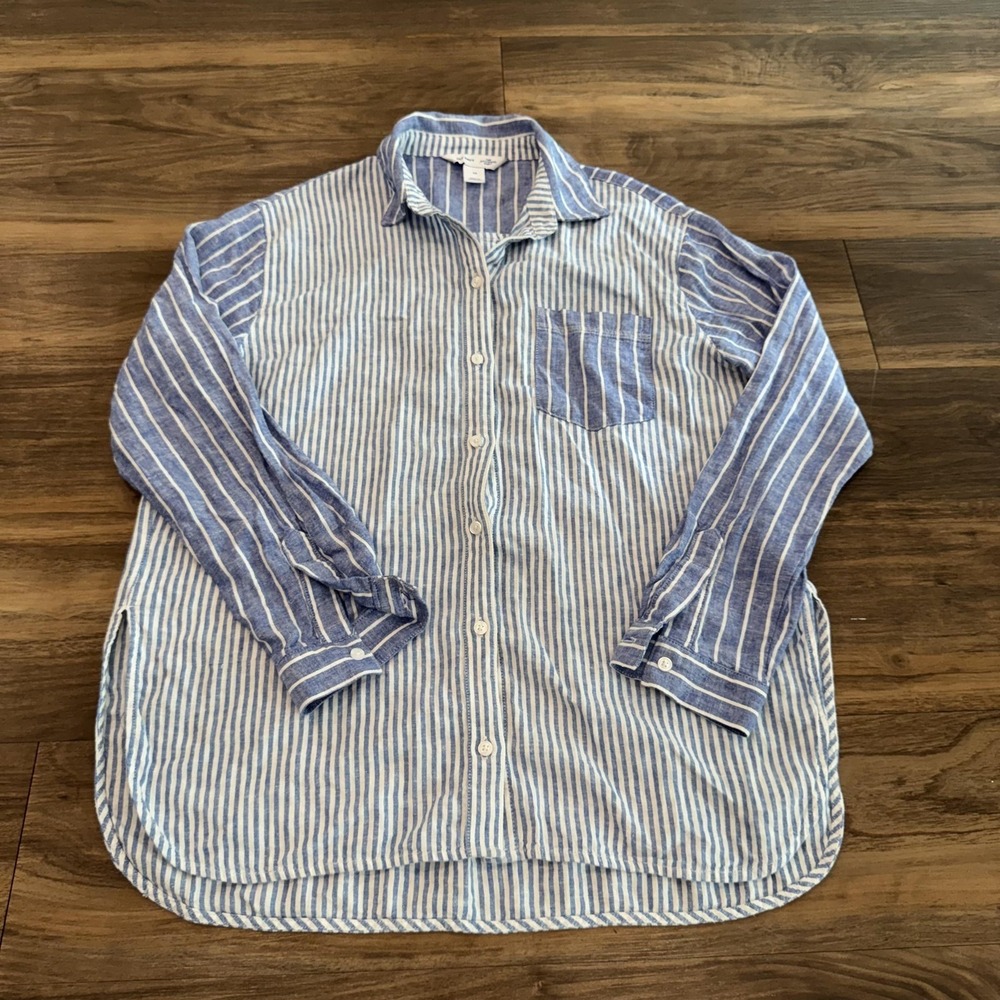 Old Navy Shirt Womens XS Blue Striped Linen The Boyfriend Button Up Casual